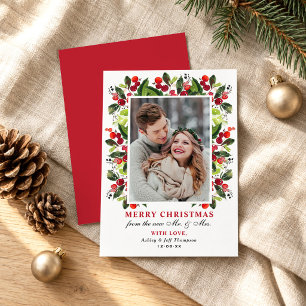 Merry Christmas Newlywed Holly Photo Frame Holiday Card