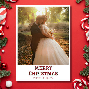 Merry Christmas Newlywed Photo Deep Burgundy Text Holiday Card