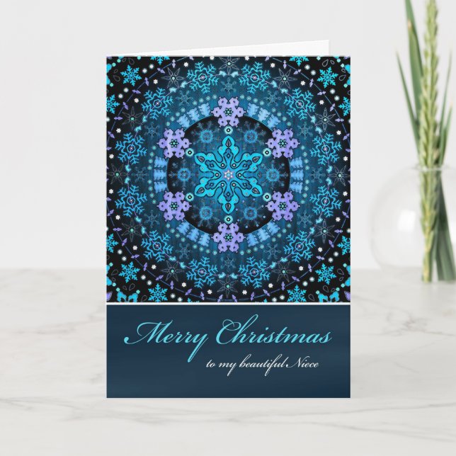 Merry Christmas Niece, Blue Boho Snowflakes Holiday Card (Front)
