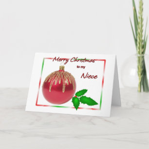 Merry Christmas Niece Red and Gold Ball with Holly Holiday Card