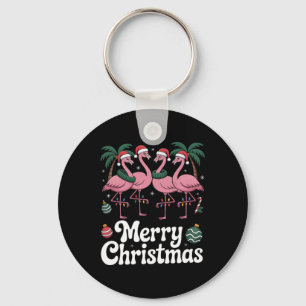 Merry Christmas Nk Flamingo Santa Hat Xmas Light T Keychain