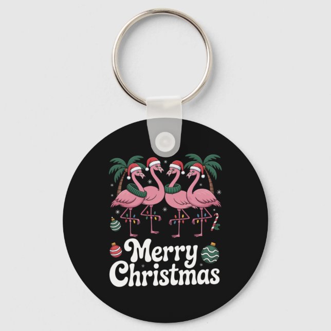 Merry Christmas Nk Flamingo Santa Hat Xmas Light T Keychain (Front)