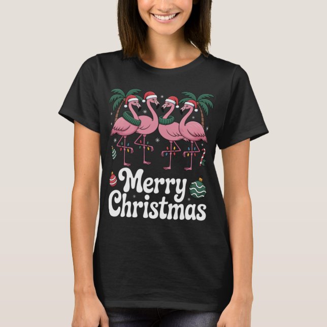 Merry Christmas Nk Flamingo Santa Hat Xmas Light T T-Shirt (Front)