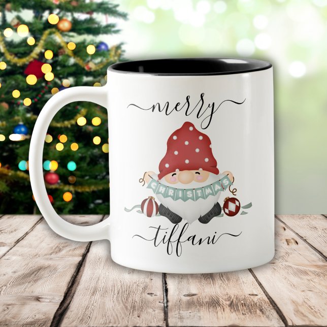Merry Christmas Nordic Gnome Customizable  Two-Tone Coffee Mug (Creator Uploaded)