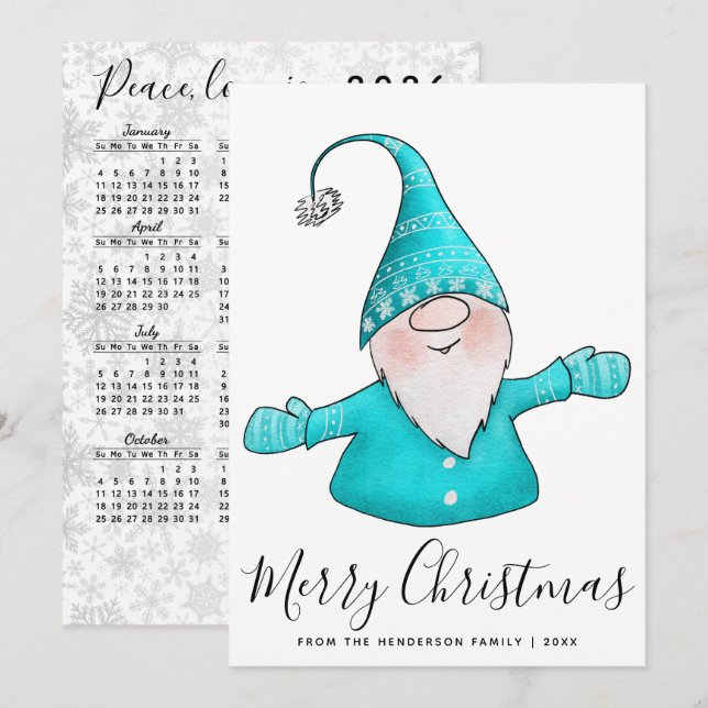 Merry Christmas Nordic Gnome Teal 2025 Calendar Holiday Card (Front/Back)