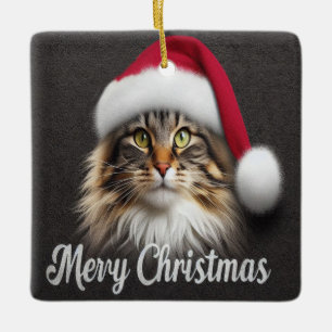 Merry Christmas Norwegian Forest Cat, Santa Kitty Ceramic Ornament