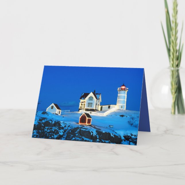 Merry Christmas Nubble Lighthouse Holiday Card (Front)
