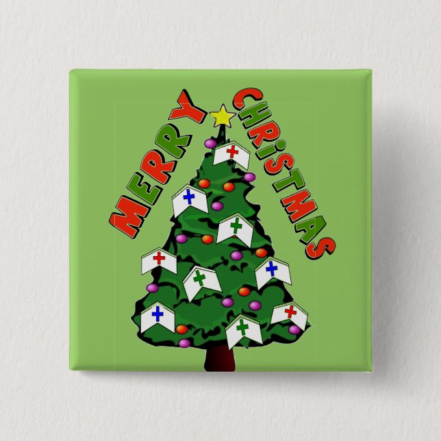 Merry Christmas Nurse Cap Tree 2 Inch Square Button (Front)