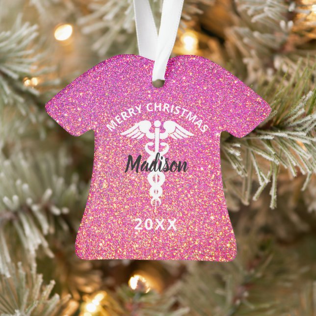 Merry Christmas Nurse Pink Glitter Scrub Top Name Ornament (Tree)