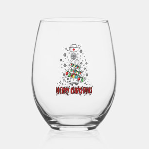 Merry Christmas Nurse Shirt Stethoscope Tree Light Stemless Wine Glass