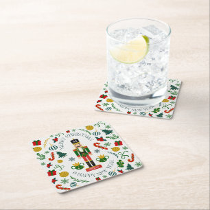 Merry Christmas nutcracker custom monogram Square Paper Coaster