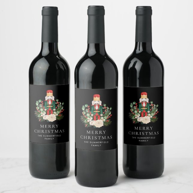 Merry Christmas Nutcracker Script Botanical Custom Wine Label (Bottles)