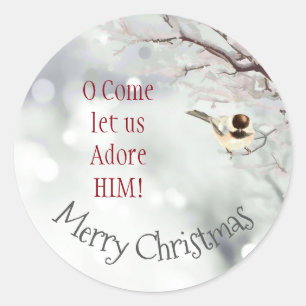 Merry Christmas O Come Let Us Adore Him Bird Classic Round Sticker