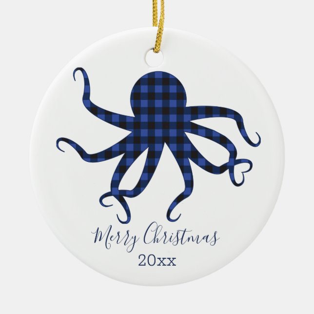 Merry Christmas Octopus Blue Black Plaid Ceramic Ornament (Front)