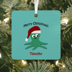 Merry Christmas Octopus Metal Ornament