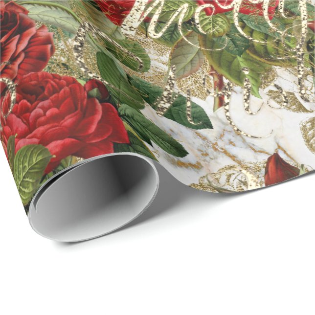 Merry Christmas Old Script Roses Red  Gold Marble Wrapping Paper (Roll Corner)