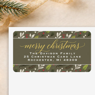 Merry Christmas Olive Gold Elegant Script Address Label