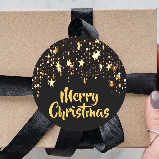 Merry Christmas on black with shining stars Classic Round Sticker (Creator Uploaded)