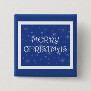 Merry Christmas on Blue with Snowflakes 2 Inch Square Button