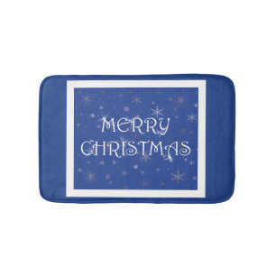 Merry Christmas on Blue with Snowflakes Bath Mat