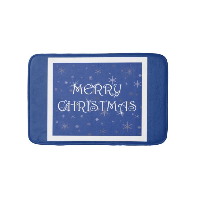 Merry Christmas on Blue with Snowflakes Bath Mat (Front)