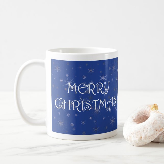 Merry Christmas on Blue with Snowflakes Coffee Mug (With Donut)