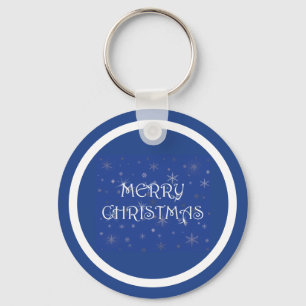 Merry Christmas on Blue with Snowflakes Keychain