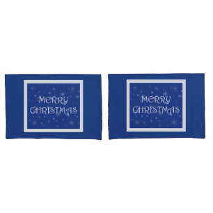 Merry Christmas on Blue with Snowflakes Pillowcase