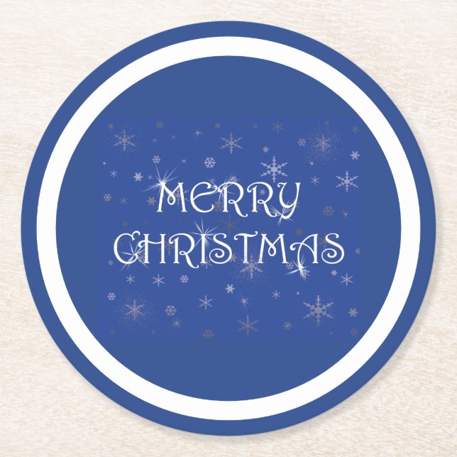 Merry Christmas on Blue with Snowflakes Round Paper Coaster (Front)