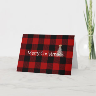 Merry Christmas on buffalo plaid with tree Card