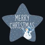 Merry Christmas On Stars and Snowman Star Sticker<br><div class="desc">Cute snowman and snowflake stars on a winter blue background.</div>