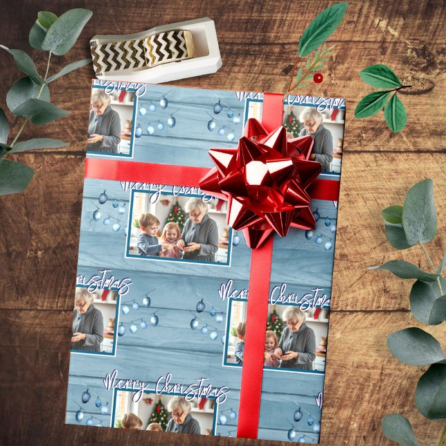 Merry Christmas One Family Photo Rustic Wood Wrapping Paper (Creator Uploaded)