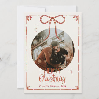 Merry Christmas One Photo Cute Red Ribbons Holiday Card