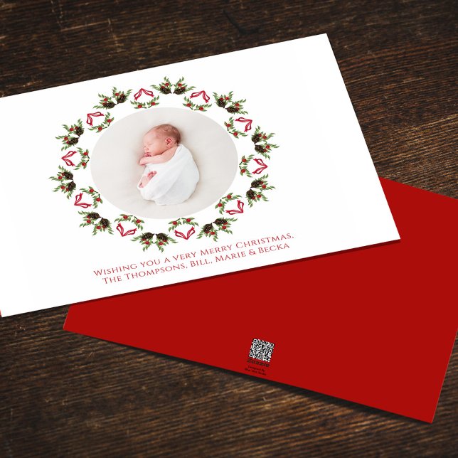 Merry Christmas One Photo Red and Green Holiday Card (Christmas holiday greenery and pine cones wreath mandala design single photo card. )