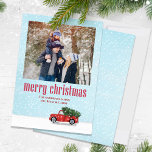 Merry Christmas One Photo Red Truck Holiday Card<br><div class="desc">A Whimsical vintage red truck winter scene returning from the woods or the Christmas tree lot with this year's Christmas Tree in the snow. featuring a merry Christmas, one photo template, with a cute watercolor, cute retro winter, vintage red truck, a simple minimalist, minimal snow snowfall, with a Christmas tree,...</div>