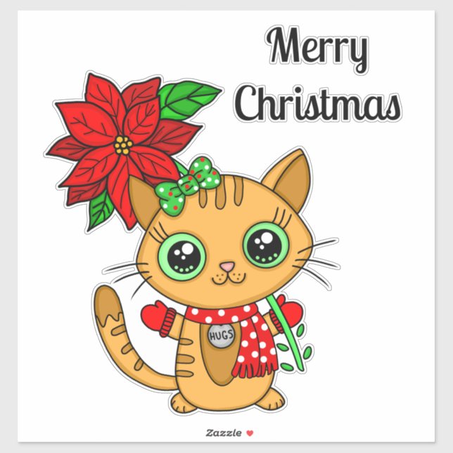 Merry Christmas Orange Cat with Poinsettia   (Sheet)