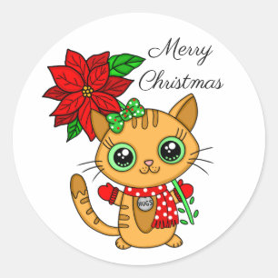 Merry Christmas Orange Cat with Poinsettia Classic Round Sticker