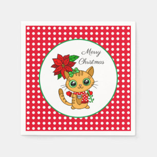 Merry Christmas Orange Cat with Poinsettia Napkin