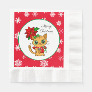 Merry Christmas Orange Cat with Poinsettia Napkin