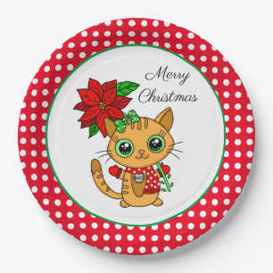 Merry Christmas Orange Cat with Poinsettia Paper Plate