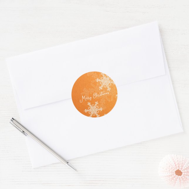 Merry Christmas Orange White Snowflake Minimalist  Classic Round Sticker (Envelope)
