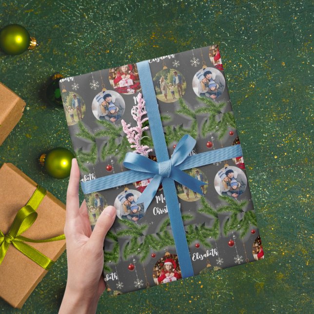 Merry Christmas Ornament Custom Snowflake Black Wrapping Paper (Creator Uploaded)