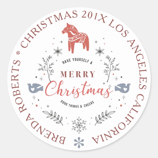 Merry Christmas ornament cute animals & typography Classic Round Sticker (Front)
