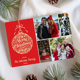 Merry Christmas Ornament Family Photo Foil Holiday Card