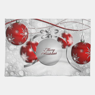 Merry Christmas Ornament in Silver and Red Kitchen Towel
