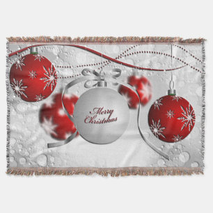 Merry Christmas Ornament in Silver and Red Throw Blanket