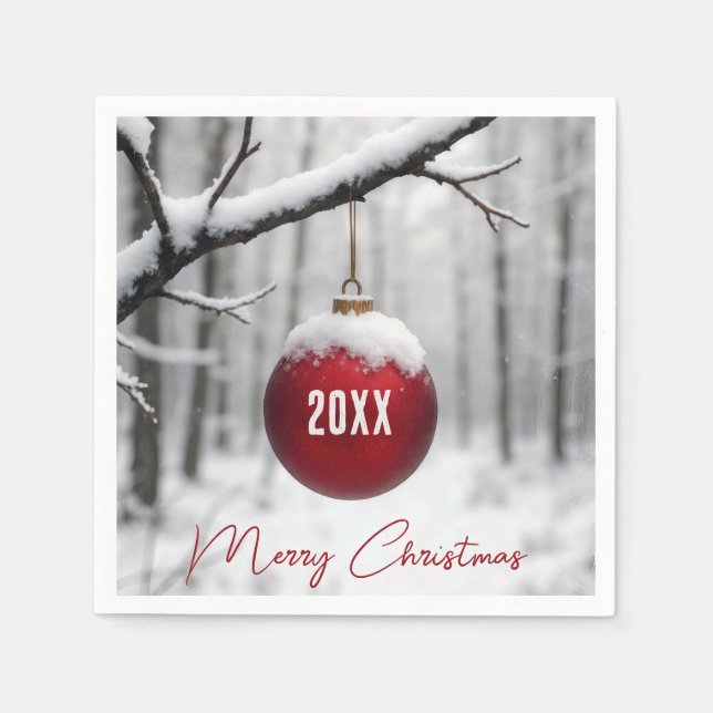 Merry Christmas Ornament On Snowy Branch Napkin (Front)