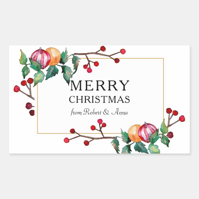 merry Christmas ornaments and berries gold frame Sticker (Front)
