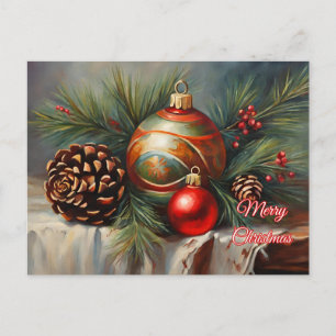 Merry Christmas Ornaments, Berries, Pine Cones  Holiday Postcard
