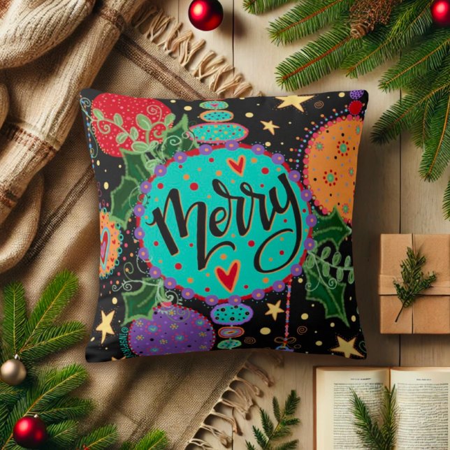 Merry Christmas Ornaments Colourful Holiday Throw Pillow (Creator Uploaded)